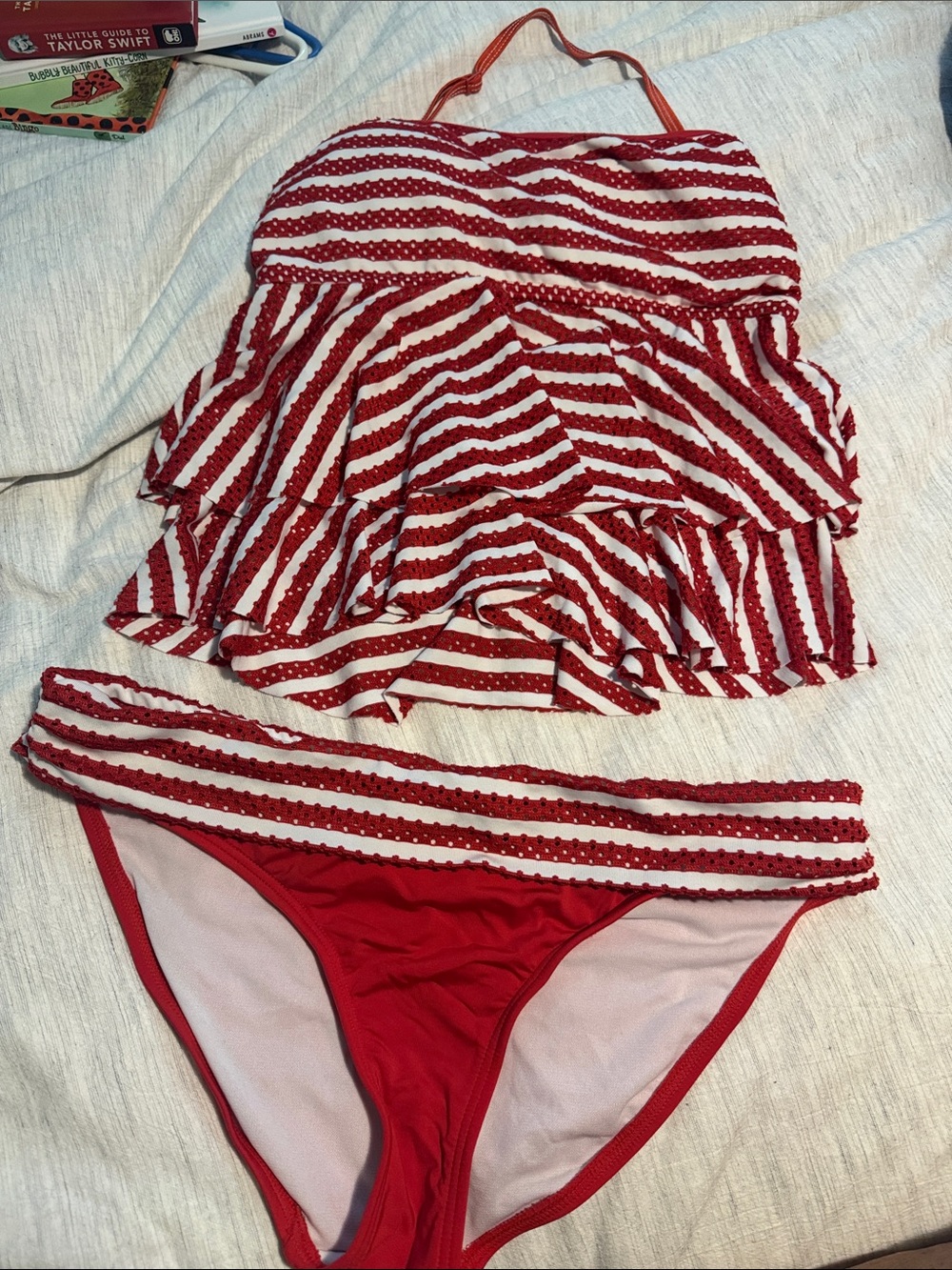 Kenneth Cole Reaction Red and White Striped Ruffled Tankini Set